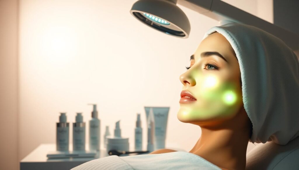A professional skincare treatment plan showcasing the targeted effects of the Glowin Beaute facial technology. A clean, well-lit studio setting with a pale neutral backdrop. A calm, serene atmosphere that highlights the clinical yet luxurious nature of the treatment. In the foreground, a woman's face appears, with specific sections illuminated to demonstrate the specialized targeting. The middle ground features various skincare implements, tools, and product bottles from the Glowin Beaute line, arranged neatly. The background subtly blurs out, keeping the focus on the subject. Technical lighting casts a soft, even glow, while a medium camera angle creates an authoritative, informative perspective. A professional skincare treatment plan showcasing the targeted effects of the Glowin Beaute facial technology. A clean, well-lit studio setting with a pale neutral backdrop. A calm, serene atmosphere that highlights the clinical yet luxurious nature of the treatment. In the foreground, a woman's face appears, with specific sections illuminated to demonstrate the specialized targeting. The middle ground features various skincare implements, tools, and product bottles from the Glowin Beaute line, arranged neatly. The background subtly blurs out, keeping the focus on the subject. Technical lighting casts a soft, even glow, while a medium camera angle creates an authoritative, informative perspective.