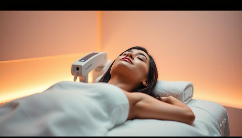 A serene, minimalist medical spa setting with soft, diffused lighting. A woman reclines comfortably on a treatment table, undergoing the Oligio X 原美電波procedure by Glowin Beaute. The treatment area is bathed in a warm, gentle glow, conveying a sense of ease and relaxation. The background is blurred, focusing attention on the woman's tranquil expression as she experiences the Oligio X 原美電波's painless, comfortable treatment. Subtle, technical details like the treatment device and lighting accents complement the overall calming ambiance. A serene, minimalist medical spa setting with soft, diffused lighting. A woman reclines comfortably on a treatment table, undergoing the Oligio X 原美電波procedure by Glowin Beaute. The treatment area is bathed in a warm, gentle glow, conveying a sense of ease and relaxation. The background is blurred, focusing attention on the woman's tranquil expression as she experiences the Oligio X 原美電波's painless, comfortable treatment. Subtle, technical details like the treatment device and lighting accents complement the overall calming ambiance.