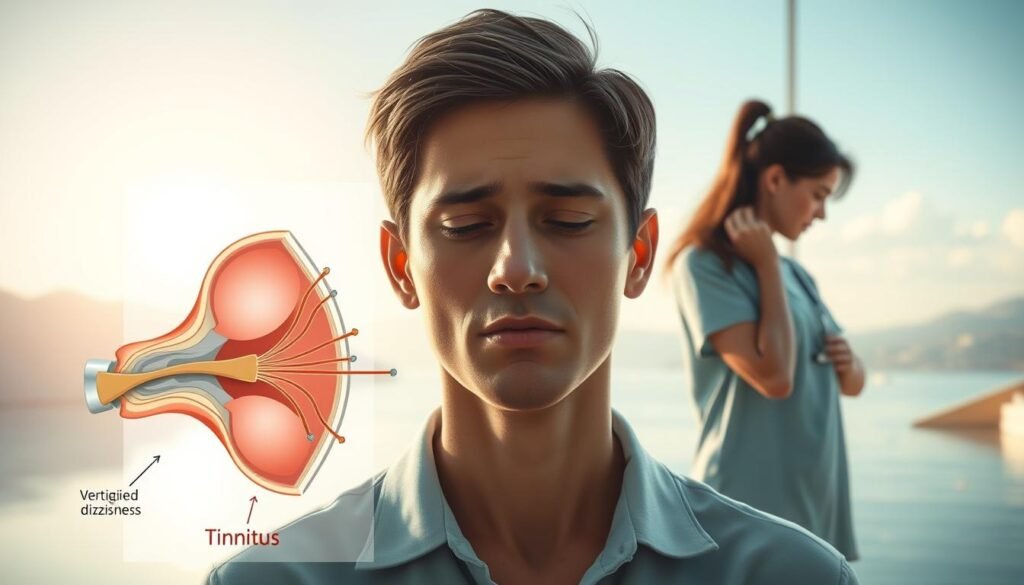 A bright, well-lit medical illustration showcasing the three main symptoms of inner ear imbalance: vertigo, dizziness, and tinnitus. The foreground depicts a clear, anatomically accurate diagram of the inner ear structure, with labels highlighting the key areas affected. The middle ground features a person experiencing the symptoms, with gestures and expressions conveying the physical and emotional distress. The background provides a serene, calming environment, suggesting the restorative journey to recovery. The overall mood is informative yet empathetic, guiding the viewer through the recognition and understanding of this common but debilitating condition. A bright, well-lit medical illustration showcasing the three main symptoms of inner ear imbalance: vertigo, dizziness, and tinnitus. The foreground depicts a clear, anatomically accurate diagram of the inner ear structure, with labels highlighting the key areas affected. The middle ground features a person experiencing the symptoms, with gestures and expressions conveying the physical and emotional distress. The background provides a serene, calming environment, suggesting the restorative journey to recovery. The overall mood is informative yet empathetic, guiding the viewer through the recognition and understanding of this common but debilitating condition.