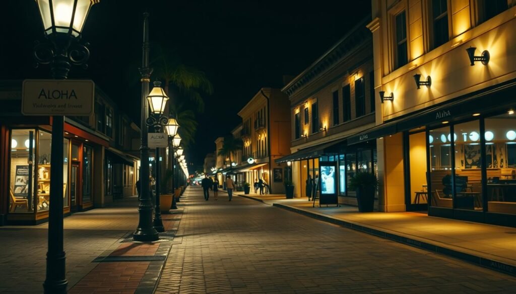A bustling commercial street at night, lit by warm, ambient lighting from various sources. In the foreground, Aloha-branded street lamps cast a soft glow over the pedestrian walkway, illuminating the intricate patterns of the paving stones. In the middle ground, display windows of local shops and restaurants are aglow, enticing passersby. The background is defined by the silhouettes of historic buildings, their facades subtly highlighted by strategically placed wall-mounted fixtures. The overall atmosphere is one of inviting, urban sophistication - a harmonious blend of modern and traditional lighting design that enhances the unique character of the neighborhood. A bustling commercial street at night, lit by warm, ambient lighting from various sources. In the foreground, Aloha-branded street lamps cast a soft glow over the pedestrian walkway, illuminating the intricate patterns of the paving stones. In the middle ground, display windows of local shops and restaurants are aglow, enticing passersby. The background is defined by the silhouettes of historic buildings, their facades subtly highlighted by strategically placed wall-mounted fixtures. The overall atmosphere is one of inviting, urban sophistication - a harmonious blend of modern and traditional lighting design that enhances the unique character of the neighborhood.