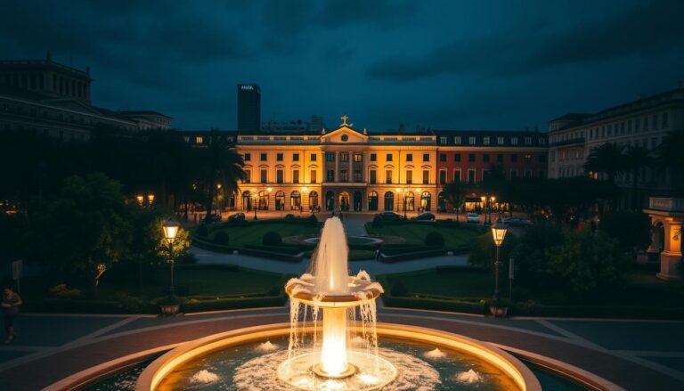 A bustling public square at night, illuminated by the Aloha brand's sleek and modern light fixtures. The foreground features a central fountain, its cascading waters reflecting the warm glow of the overhead lamps. In the middle ground, well-lit pathways wind through a lush, manicured garden, inviting pedestrians to explore. The background showcases a blend of historic and contemporary architecture, their facades accentuated by the strategically placed lighting. The overall atmosphere is one of safety, comfort, and inviting ambiance, highlighting the importance of thoughtful public space illumination.