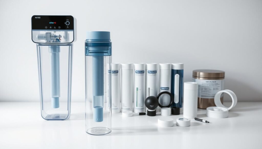 A clean, minimalist tabletop scene featuring a variety of water filters and purifiers. In the foreground, a sleek, modern water filter with a transparent housing, showcasing its internal components. Alongside it, a portable water bottle with an integrated filter. In the middle ground, various water filter cartridges and accessories neatly arranged, highlighting the selection and customization options. The background features a neutral, light-colored backdrop, allowing the water filtration products to take center stage. The lighting is soft and natural, creating a sense of clarity and purity. The overall composition emphasizes the key factors in choosing a water filter, such as design, functionality, and versatility. A clean, minimalist tabletop scene featuring a variety of water filters and purifiers. In the foreground, a sleek, modern water filter with a transparent housing, showcasing its internal components. Alongside it, a portable water bottle with an integrated filter. In the middle ground, various water filter cartridges and accessories neatly arranged, highlighting the selection and customization options. The background features a neutral, light-colored backdrop, allowing the water filtration products to take center stage. The lighting is soft and natural, creating a sense of clarity and purity. The overall composition emphasizes the key factors in choosing a water filter, such as design, functionality, and versatility.