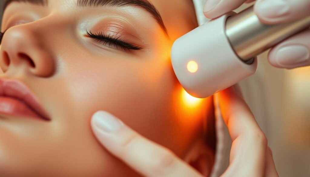 A detailed close-up of a woman's face undergoing a non-invasive Oligio X Glowin Beaute radio frequency facial treatment. Her skin appears smooth and glowing, with a focused high-tech applicator device gently pressed against her cheek. The lighting is soft and flattering, with a warm, relaxing ambiance. The background is blurred, keeping the subject in sharp focus. The overall mood is one of professional care and high-quality technology delivering a rejuvenating, revitalizing skin treatment. A detailed close-up of a woman's face undergoing a non-invasive Oligio X Glowin Beaute radio frequency facial treatment. Her skin appears smooth and glowing, with a focused high-tech applicator device gently pressed against her cheek. The lighting is soft and flattering, with a warm, relaxing ambiance. The background is blurred, keeping the subject in sharp focus. The overall mood is one of professional care and high-quality technology delivering a rejuvenating, revitalizing skin treatment.