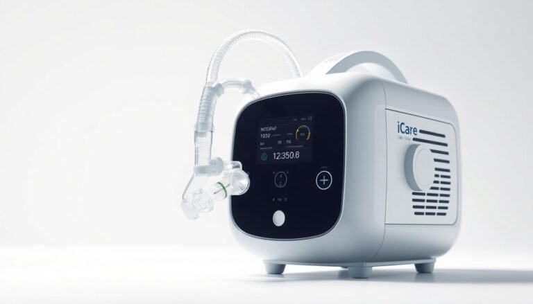 A detailed, high-quality medical illustration of an iCareCPAP sleep apnea machine. The device is shown in the foreground, with a clean, clinical white background. The machine has a sleek, modern design with clear tubing and an intuitive digital display. The lighting is soft and natural, highlighting the machine's smooth surfaces and delicate components. The angle is slightly elevated, providing a clear view of the device's key features. The overall mood is one of professionalism and medical precision, reflecting the machine's critical role in treating sleep disorders.