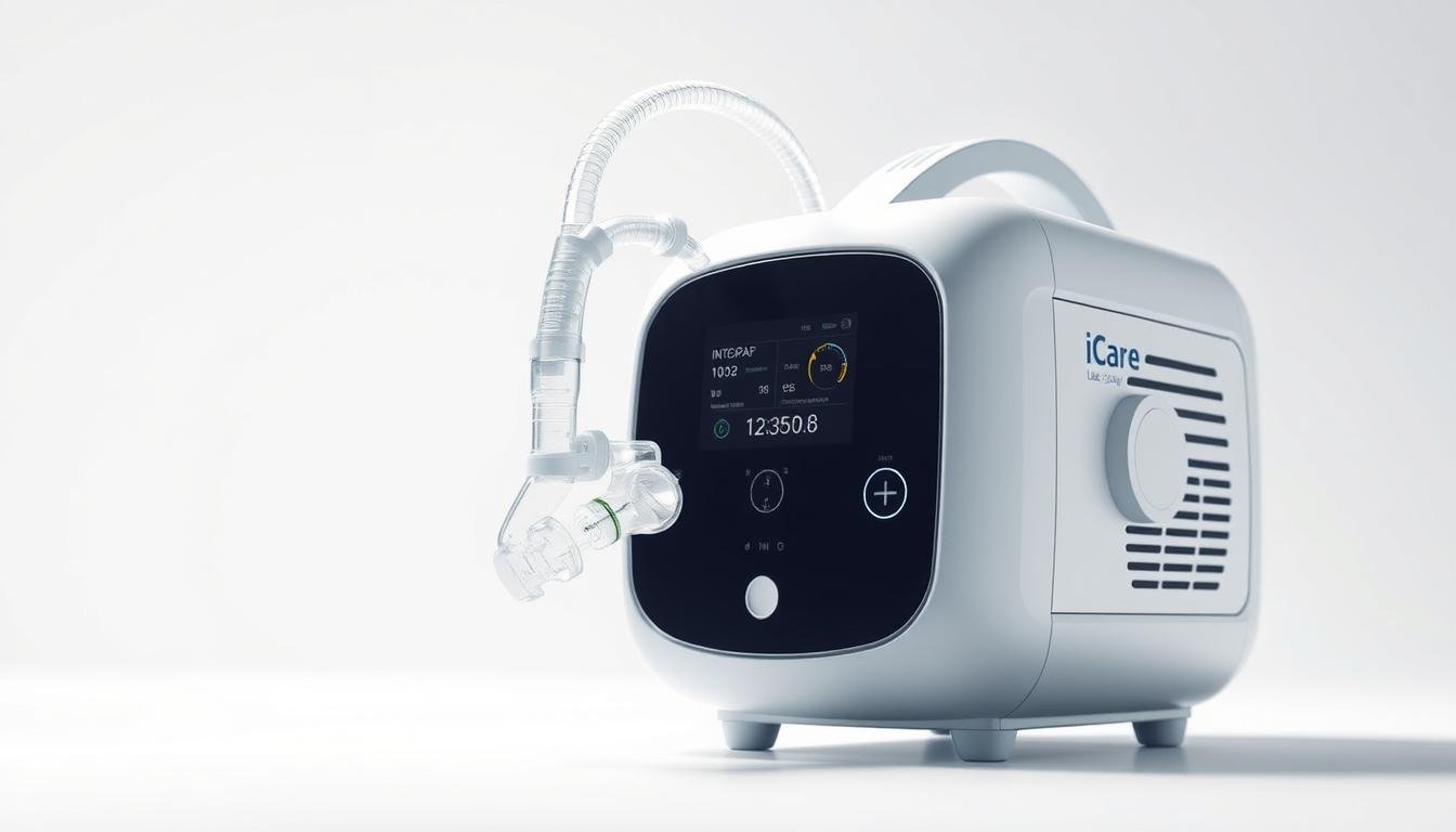 A detailed, high-quality medical illustration of an iCareCPAP sleep apnea machine. The device is shown in the foreground, with a clean, clinical white background. The machine has a sleek, modern design with clear tubing and an intuitive digital display. The lighting is soft and natural, highlighting the machine's smooth surfaces and delicate components. The angle is slightly elevated, providing a clear view of the device's key features. The overall mood is one of professionalism and medical precision, reflecting the machine's critical role in treating sleep disorders.