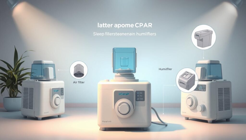A detailed illustration of a sleep apnea machine with an emphasis on the humidifier maintenance instructions. Showcase the iCareCPAP machine in a clean, well-lit studio setting. Display the humidifier unit prominently, with clear visuals of the water reservoir, air filter, and control panel. Depict the machine from various angles to highlight the key components. Use a soft, warm lighting setup to create a soothing, educational atmosphere. Ensure the image is free of any text or branding, allowing the device itself to be the central focus. A detailed illustration of a sleep apnea machine with an emphasis on the humidifier maintenance instructions. Showcase the iCareCPAP machine in a clean, well-lit studio setting. Display the humidifier unit prominently, with clear visuals of the water reservoir, air filter, and control panel. Depict the machine from various angles to highlight the key components. Use a soft, warm lighting setup to create a soothing, educational atmosphere. Ensure the image is free of any text or branding, allowing the device itself to be the central focus.