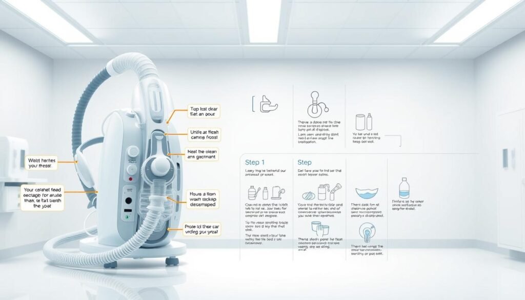 A detailed technical illustration of an iCareCPAP sleep apnea machine and its maintenance instructions. Crisp, high-resolution image depicting the machine in a clean, well-lit medical setting. The foreground showcases the machine's various components and ports, with clear labels and diagrams highlighting maintenance points. The middle ground includes a series of step-by-step instructions and diagrams for cleaning and maintaining the machine. The background features a minimalist, sterile environment with neutral tones to emphasize the technical focus. Rendered with a professional, clinical aesthetic to convey the importance of proper iCareCPAP maintenance. A detailed technical illustration of an iCareCPAP sleep apnea machine and its maintenance instructions. Crisp, high-resolution image depicting the machine in a clean, well-lit medical setting. The foreground showcases the machine's various components and ports, with clear labels and diagrams highlighting maintenance points. The middle ground includes a series of step-by-step instructions and diagrams for cleaning and maintaining the machine. The background features a minimalist, sterile environment with neutral tones to emphasize the technical focus. Rendered with a professional, clinical aesthetic to convey the importance of proper iCareCPAP maintenance.