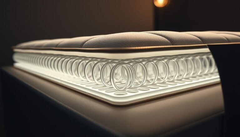 A high-quality, stylish mattress with an independent spring system, showcasing the intricate design of the StylesMaven independent pocketed coil spring mattress. Crisp, clean lighting illuminates the layered structure, revealing the precision-engineered spring unit encased in a plush, breathable fabric. The springs are individually wrapped, allowing for targeted support and superior motion isolation. Captured from a low, angled perspective to highlight the depth and craftsmanship of the mattress, creating a sense of luxurious comfort and responsive support.