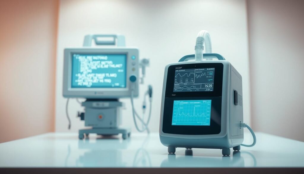 A high-resolution image of a modern iCareCPAP sleep apnea machine and a malfunctioning ventilator on a sleek, minimalist white background. The sleep apnea machine is highlighted in the foreground, its display showing real-time monitoring data. In the middle ground, the ventilator is partially visible, its screen flickering with error messages. Diffused, warm lighting creates a clinical yet calming atmosphere, emphasizing the technical and medical nature of the scene. The image conveys a sense of urgency and the need to address unexpected issues that can arise with these critical medical devices during everyday use. A high-resolution image of a modern iCareCPAP sleep apnea machine and a malfunctioning ventilator on a sleek, minimalist white background. The sleep apnea machine is highlighted in the foreground, its display showing real-time monitoring data. In the middle ground, the ventilator is partially visible, its screen flickering with error messages. Diffused, warm lighting creates a clinical yet calming atmosphere, emphasizing the technical and medical nature of the scene. The image conveys a sense of urgency and the need to address unexpected issues that can arise with these critical medical devices during everyday use.