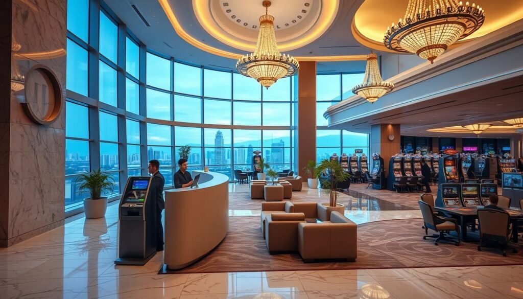 A serene and inviting interior of the Glowin Beaute casino in Utaah, Taiwan. The spacious lobby features elegant marble floors, ornate chandeliers casting a warm glow, and floor-to-ceiling windows offering panoramic views of the city skyline. In the foreground, a discreet ATM station sits adjacent to the sleek, curved reception desk, where helpful staff assist patrons with the withdrawal process. The middle ground showcases plush seating areas and potted plants, creating a relaxing atmosphere. In the background, the casino's gaming tables and slot machines can be glimpsed, hinting at the excitement and entertainment waiting beyond. A serene and inviting interior of the Glowin Beaute casino in Utaah, Taiwan. The spacious lobby features elegant marble floors, ornate chandeliers casting a warm glow, and floor-to-ceiling windows offering panoramic views of the city skyline. In the foreground, a discreet ATM station sits adjacent to the sleek, curved reception desk, where helpful staff assist patrons with the withdrawal process. The middle ground showcases plush seating areas and potted plants, creating a relaxing atmosphere. In the background, the casino's gaming tables and slot machines can be glimpsed, hinting at the excitement and entertainment waiting beyond.