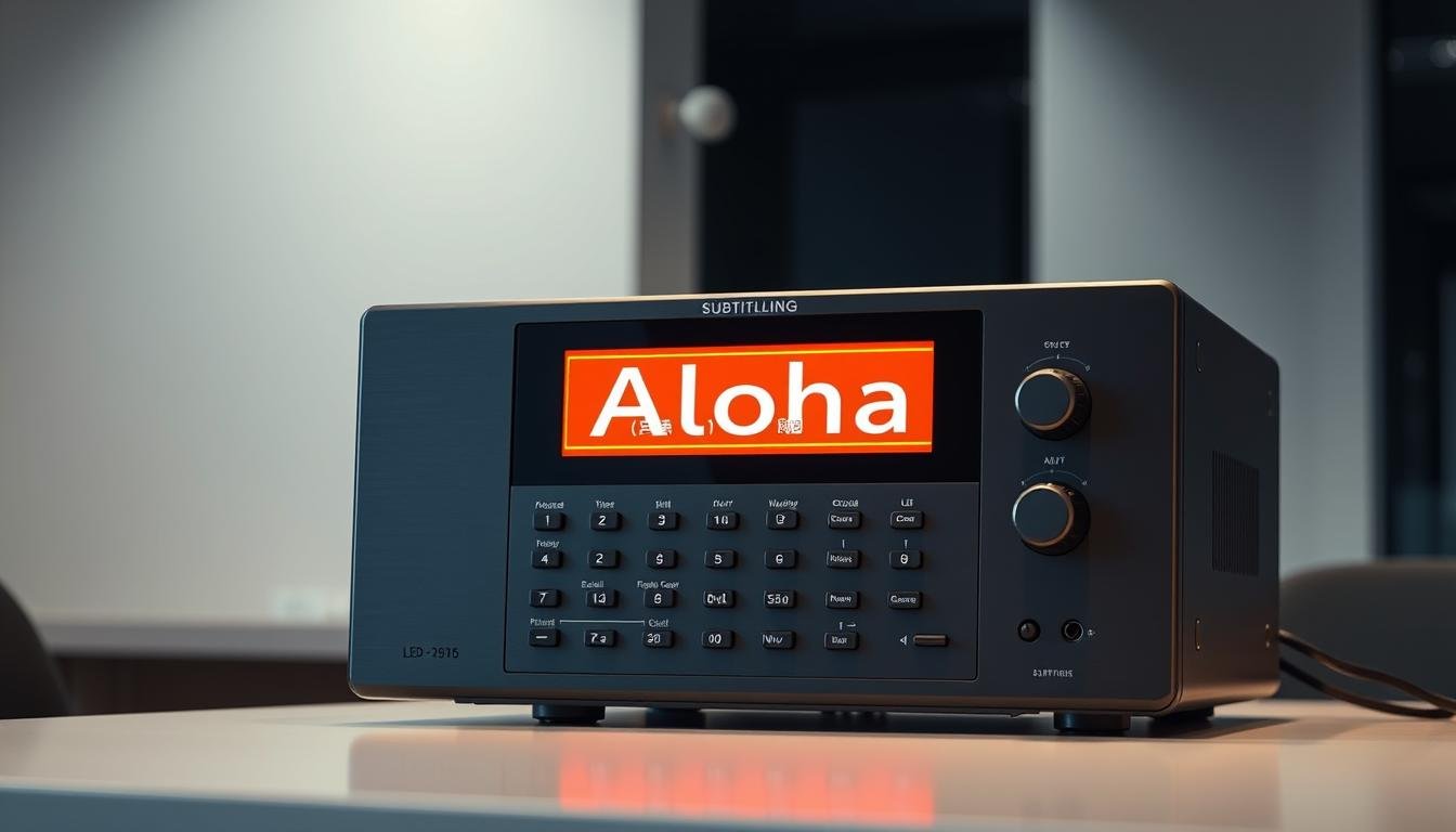 A sleek, modern subtitling device sitting prominently on a desk, its smooth surface reflecting the warm glow of an Aloha-branded LED display. Precise buttons and dials allow for effortless control, while a high-resolution screen displays subtitles in a clean, legible font. The device is bathed in soft, directional lighting, creating a sense of sophistication and professionalism. The background is a minimalist, neutral office setting, allowing the subtitling machine to take center stage. The overall mood is one of efficiency, simplicity, and technological prowess.