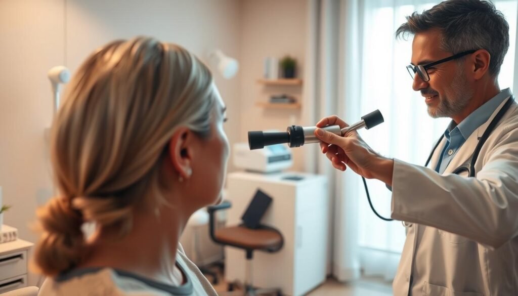 A tranquil medical office setting with a patient undergoing a successful inner ear balance disorder treatment. In the foreground, a doctor carefully examining the patient's ear using an otoscope, their face radiating a sense of confidence and expertise. In the middle ground, state-of-the-art medical equipment and diagnostic tools are neatly arranged, conveying an atmosphere of modern, evidence-based care. The background depicts a serene, softly-lit room, with soothing colors and minimal decor, creating a calming and reassuring environment for the patient's recovery. The lighting is warm and natural, highlighting the professionalism and empathy of the medical staff. Overall, the image conveys a successful, patient-centric approach to resolving the ear water imbalance condition. A tranquil medical office setting with a patient undergoing a successful inner ear balance disorder treatment. In the foreground, a doctor carefully examining the patient's ear using an otoscope, their face radiating a sense of confidence and expertise. In the middle ground, state-of-the-art medical equipment and diagnostic tools are neatly arranged, conveying an atmosphere of modern, evidence-based care. The background depicts a serene, softly-lit room, with soothing colors and minimal decor, creating a calming and reassuring environment for the patient's recovery. The lighting is warm and natural, highlighting the professionalism and empathy of the medical staff. Overall, the image conveys a successful, patient-centric approach to resolving the ear water imbalance condition.