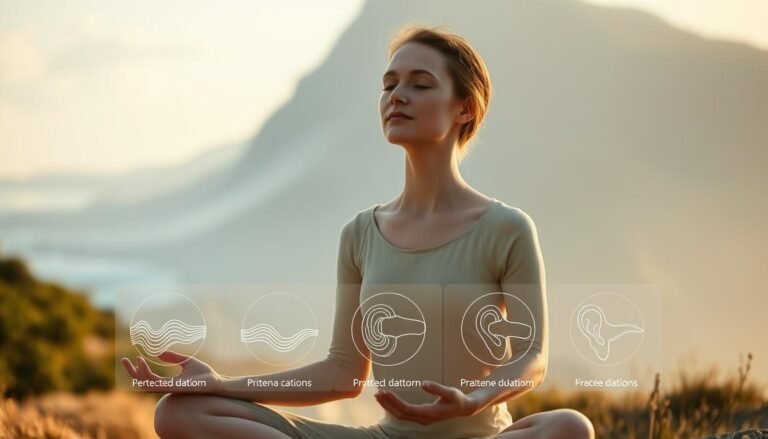 A tranquil, well-lit landscape with a person sitting in a serene meditation pose, eyes closed, hands resting gently in their lap. The person's expression conveys a sense of inner peace and balance. In the middle ground, a series of simple, elegant diagrams depicting different stages of the ear's anatomy and the flow of fluid. In the background, a soft, hazy backdrop of soothing natural elements like flowing water, lush foliage, or a calming sky. The overall tone is one of harmony, mindfulness, and the gentle restoration of equilibrium.