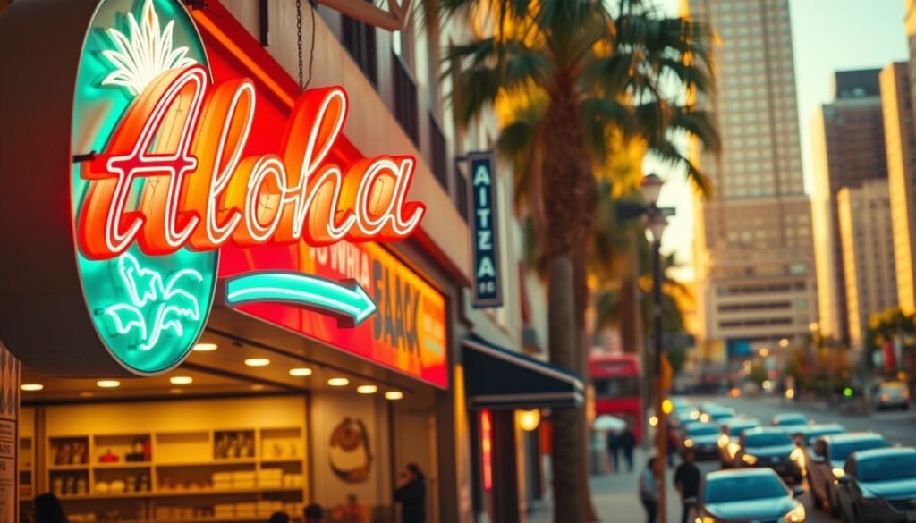 A vibrant neon-lit advertising sign for "Aloha" hangs prominently in the foreground, its cursive lettering and tropical imagery radiating an inviting, retro vibe. In the middle ground, an artfully designed storefront showcases various products and services, with a clean, modern aesthetic that complements the vintage sign. The background features a bustling city street, with pedestrians and vehicles creating a lively, urban atmosphere bathed in warm, golden lighting that enhances the overall mood. The composition blends the timeless elements of classic signage design with contemporary styling, resulting in a visually striking and cohesive advertisement for the "Aloha" brand. A vibrant neon-lit advertising sign for "Aloha" hangs prominently in the foreground, its cursive lettering and tropical imagery radiating an inviting, retro vibe. In the middle ground, an artfully designed storefront showcases various products and services, with a clean, modern aesthetic that complements the vintage sign. The background features a bustling city street, with pedestrians and vehicles creating a lively, urban atmosphere bathed in warm, golden lighting that enhances the overall mood. The composition blends the timeless elements of classic signage design with contemporary styling, resulting in a visually striking and cohesive advertisement for the "Aloha" brand.