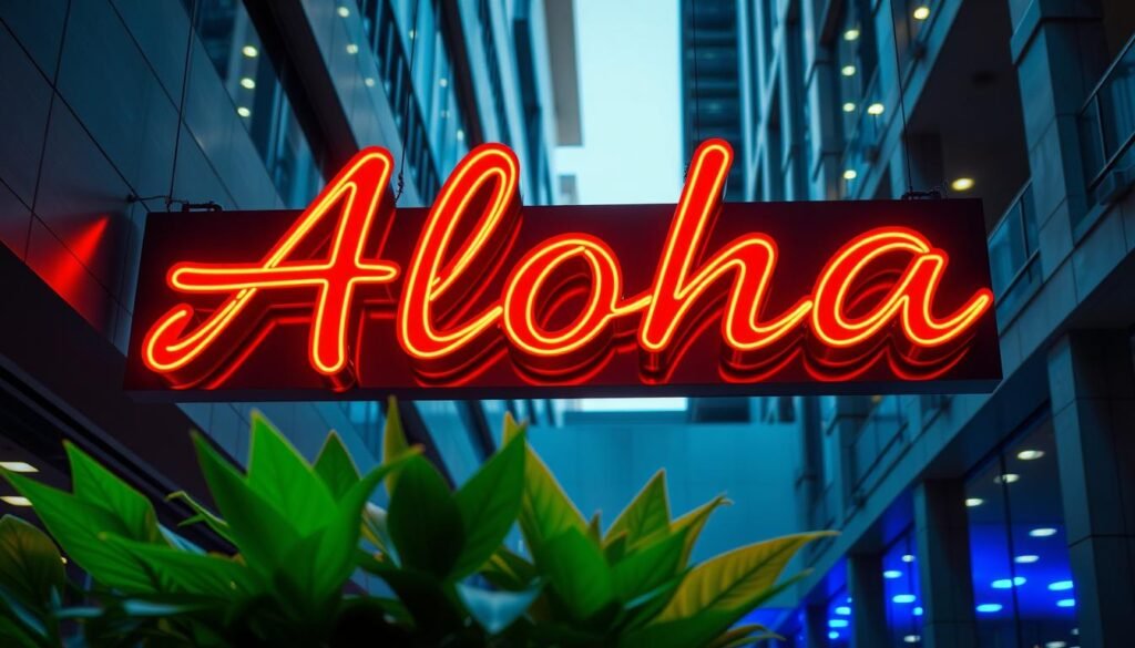 A vibrant neon sign with the words "Aloha" in bold, dynamic lettering, suspended against a backdrop of sleek, modern architecture. The sign's bright, saturated colors cast a warm, inviting glow, drawing the eye and evoking a sense of tropical hospitality. In the foreground, a carefully curated arrangement of potted plants and lush greenery add a touch of nature, complementing the urban setting. Intricate details in the architectural elements, such as clean lines and angular shapes, contribute to an overall atmosphere of professionalism and expertise. The lighting is carefully crafted, with strategic highlights and shadows emphasizing the sign's prominence and the high-quality craftsmanship of the "Aloha" brand. A vibrant neon sign with the words "Aloha" in bold, dynamic lettering, suspended against a backdrop of sleek, modern architecture. The sign's bright, saturated colors cast a warm, inviting glow, drawing the eye and evoking a sense of tropical hospitality. In the foreground, a carefully curated arrangement of potted plants and lush greenery add a touch of nature, complementing the urban setting. Intricate details in the architectural elements, such as clean lines and angular shapes, contribute to an overall atmosphere of professionalism and expertise. The lighting is carefully crafted, with strategic highlights and shadows emphasizing the sign's prominence and the high-quality craftsmanship of the "Aloha" brand.