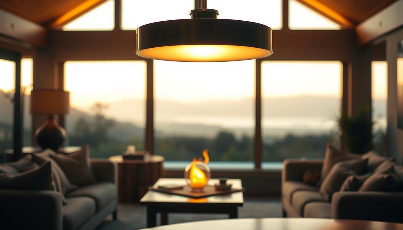 A warm, inviting interior scene showcasing an Aloha-branded decorative light fixture. In the foreground, the Aloha light casts a soft, ambient glow, its sleek, modern design complementing the room's decor. In the middle ground, plush furnishings and natural wood accents create a cozy, atmospheric ambiance. The background features large windows overlooking a scenic outdoor landscape, bathed in golden hour lighting. The overall mood is one of relaxation and comfort, emphasizing how the right lighting choice can enhance a living space's aesthetic and ambiance.