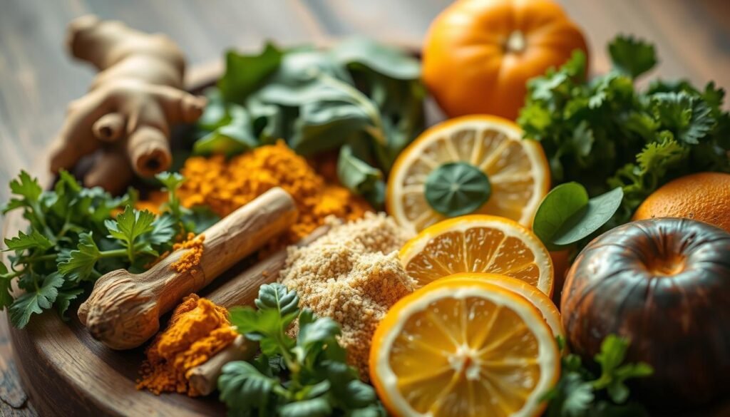 A warm-lit, close-up photograph of a healthy, vibrant-looking meal with various ingredients associated with managing inner ear fluid imbalance, such as fresh ginger, turmeric, leafy greens, and citrus fruits, arranged in an aesthetically pleasing manner on a wooden surface. The image should convey a sense of natural remedies, wellness, and the nourishing power of a balanced diet to address this condition. A warm-lit, close-up photograph of a healthy, vibrant-looking meal with various ingredients associated with managing inner ear fluid imbalance, such as fresh ginger, turmeric, leafy greens, and citrus fruits, arranged in an aesthetically pleasing manner on a wooden surface. The image should convey a sense of natural remedies, wellness, and the nourishing power of a balanced diet to address this condition.