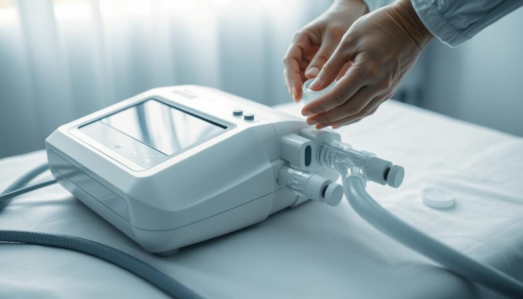 A well-lit, closeup view of a modern iCareCPAP machine lying on a pristine white medical table. The machine's sleek, minimalist design is prominently featured, with various control panels, indicators, and air tubing visible. In the foreground, a pair of skilled hands meticulously inspecting and cleaning the machine's components, emphasizing the importance of proper maintenance. The background is softly blurred, creating a sense of focus on the intricate details of the device. The overall mood is one of professionalism, precision, and care, reflecting the significance of maintaining sleep apnea devices for optimal performance. A well-lit, closeup view of a modern iCareCPAP machine lying on a pristine white medical table. The machine's sleek, minimalist design is prominently featured, with various control panels, indicators, and air tubing visible. In the foreground, a pair of skilled hands meticulously inspecting and cleaning the machine's components, emphasizing the importance of proper maintenance. The background is softly blurred, creating a sense of focus on the intricate details of the device. The overall mood is one of professionalism, precision, and care, reflecting the significance of maintaining sleep apnea devices for optimal performance.