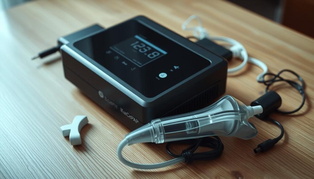 A well-maintained iCareCPAP sleep apnea machine, resting on a wooden surface. The machine's exterior features a sleek, modern design with a matte black finish. The front panel displays a digital readout, indicating the current settings. The device is surrounded by essential accessories, including a nasal mask, tubing, and a power adapter, all neatly arranged. Soft, diffused lighting illuminates the scene, creating a calming and professional atmosphere. The overall composition conveys the importance of proper maintenance and care for this critical medical device. A well-maintained iCareCPAP sleep apnea machine, resting on a wooden surface. The machine's exterior features a sleek, modern design with a matte black finish. The front panel displays a digital readout, indicating the current settings. The device is surrounded by essential accessories, including a nasal mask, tubing, and a power adapter, all neatly arranged. Soft, diffused lighting illuminates the scene, creating a calming and professional atmosphere. The overall composition conveys the importance of proper maintenance and care for this critical medical device.