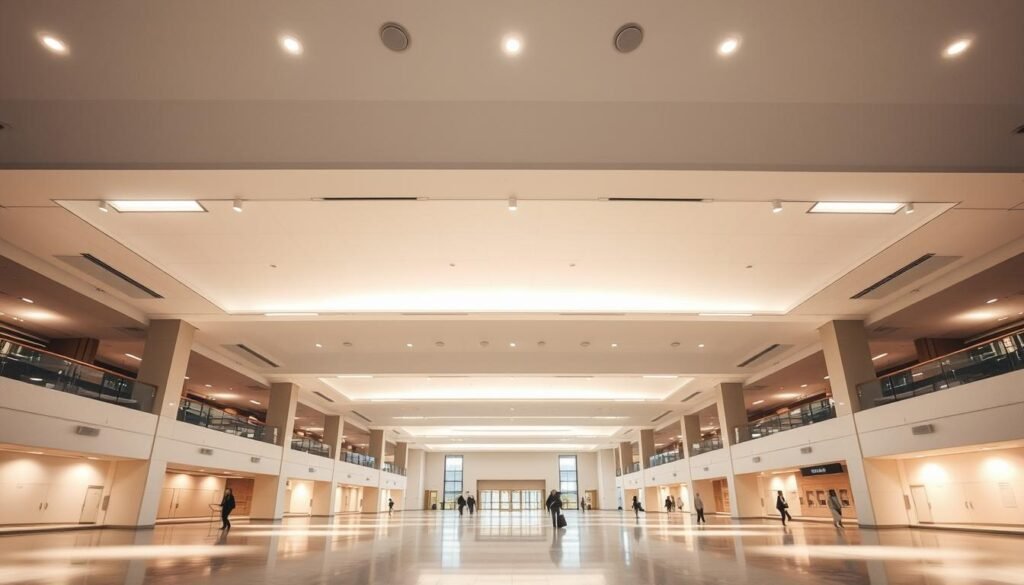 An expansive, airy public space illuminated by a sophisticated Aloha lighting system. Soft, diffused lighting emanates from sleek, minimalist fixtures mounted on the high ceilings, creating a warm, inviting ambiance. Carefully positioned spotlights accentuate key architectural features and draw the eye to specific points of interest. The lighting seamlessly integrates with the modern, geometric design of the space, complementing the clean lines and neutral color palette. Shadows and highlights interplay to add depth and dimension, guiding the viewer's gaze through the environment. An overall sense of balance, harmony, and functionality permeates the scene, showcasing the principles of thoughtful, practical lighting design for public spaces. An expansive, airy public space illuminated by a sophisticated Aloha lighting system. Soft, diffused lighting emanates from sleek, minimalist fixtures mounted on the high ceilings, creating a warm, inviting ambiance. Carefully positioned spotlights accentuate key architectural features and draw the eye to specific points of interest. The lighting seamlessly integrates with the modern, geometric design of the space, complementing the clean lines and neutral color palette. Shadows and highlights interplay to add depth and dimension, guiding the viewer's gaze through the environment. An overall sense of balance, harmony, and functionality permeates the scene, showcasing the principles of thoughtful, practical lighting design for public spaces.