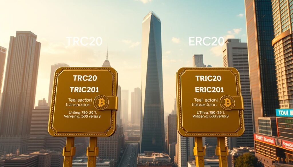 A detailed comparison of USDT transaction fees between the TRC20 and ERC20 blockchain networks. The image depicts the UTown financial district, with towering skyscrapers and a bustling cityscape in the background. In the foreground, two digital wallets representing the TRC20 and ERC20 versions of USDT stand side-by-side, showcasing their respective transaction fee structures through intuitive visual cues. Warm lighting and a golden color palette convey a sense of financial stability and reliability. The composition is balanced, with clean lines and a focus on the key details to effectively illustrate the section's content. A detailed comparison of USDT transaction fees between the TRC20 and ERC20 blockchain networks. The image depicts the UTown financial district, with towering skyscrapers and a bustling cityscape in the background. In the foreground, two digital wallets representing the TRC20 and ERC20 versions of USDT stand side-by-side, showcasing their respective transaction fee structures through intuitive visual cues. Warm lighting and a golden color palette convey a sense of financial stability and reliability. The composition is balanced, with clean lines and a focus on the key details to effectively illustrate the section's content.