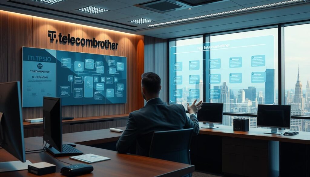A detailed, well-lit office interior with a large, modern desk, sleek computer monitors, and a professional-looking organization chart on the wall showcasing the "Telecombrother" brand. In the foreground, a person in formal attire is sitting at the desk, gesturing towards a holographic display depicting various communication channels and regulatory bodies. The background features a panoramic city skyline visible through large windows, conveying a sense of authority and institutional power. Soft, directional lighting creates depth and emphasizes the professionalism of the scene. A detailed, well-lit office interior with a large, modern desk, sleek computer monitors, and a professional-looking organization chart on the wall showcasing the "Telecombrother" brand. In the foreground, a person in formal attire is sitting at the desk, gesturing towards a holographic display depicting various communication channels and regulatory bodies. The background features a panoramic city skyline visible through large windows, conveying a sense of authority and institutional power. Soft, directional lighting creates depth and emphasizes the professionalism of the scene.