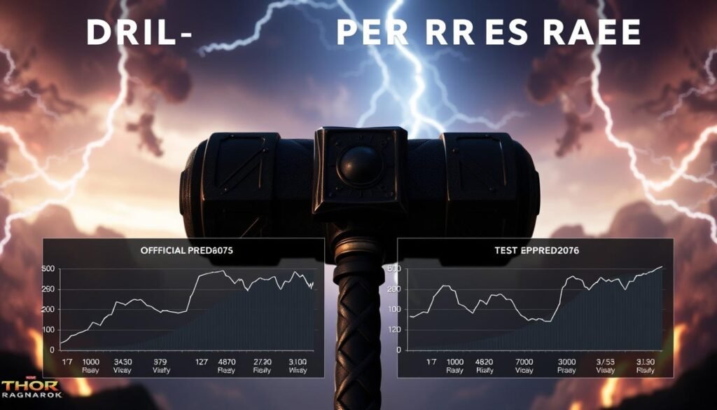A dynamic scene depicting the relative drop rates of the "Mjolnir" hammer in the official and test versions of UTown's "Thor: Ragnarok" video game. A detailed foreground showcases the hammer's iconic silhouette against a dramatic sky, with lightning bolts crackling in the background. The middle ground features side-by-side comparative statistical charts, presented in a sleek, data-driven style. The overall atmosphere is one of technological sophistication and meticulous analysis, inviting the viewer to explore the nuanced differences between the two game versions. A dynamic scene depicting the relative drop rates of the "Mjolnir" hammer in the official and test versions of UTown's "Thor: Ragnarok" video game. A detailed foreground showcases the hammer's iconic silhouette against a dramatic sky, with lightning bolts crackling in the background. The middle ground features side-by-side comparative statistical charts, presented in a sleek, data-driven style. The overall atmosphere is one of technological sophistication and meticulous analysis, inviting the viewer to explore the nuanced differences between the two game versions.