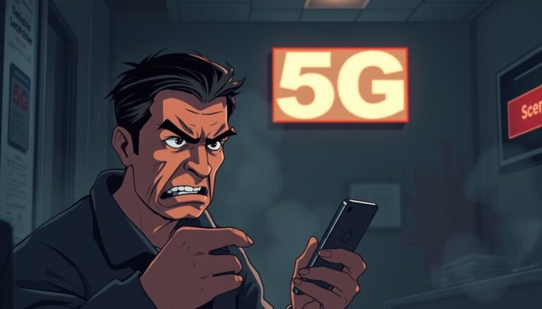 A high-contrast digital illustration depicting a frustrated customer angrily holding a mobile phone in a dimly lit 5G service center. The scene showcases the Telecombrother logo prominently displayed on the wall, conveying the customer's dissatisfaction with the company's 5G service. The foreground features the customer's expressive face, while the middle ground captures the service center's sparse, utilitarian interior. The background is hazy and out of focus, creating a sense of isolation and frustration. The lighting is harsh, creating dramatic shadows and highlighting the customer's agitated expression. The overall tone is one of tension and unresolved conflict.