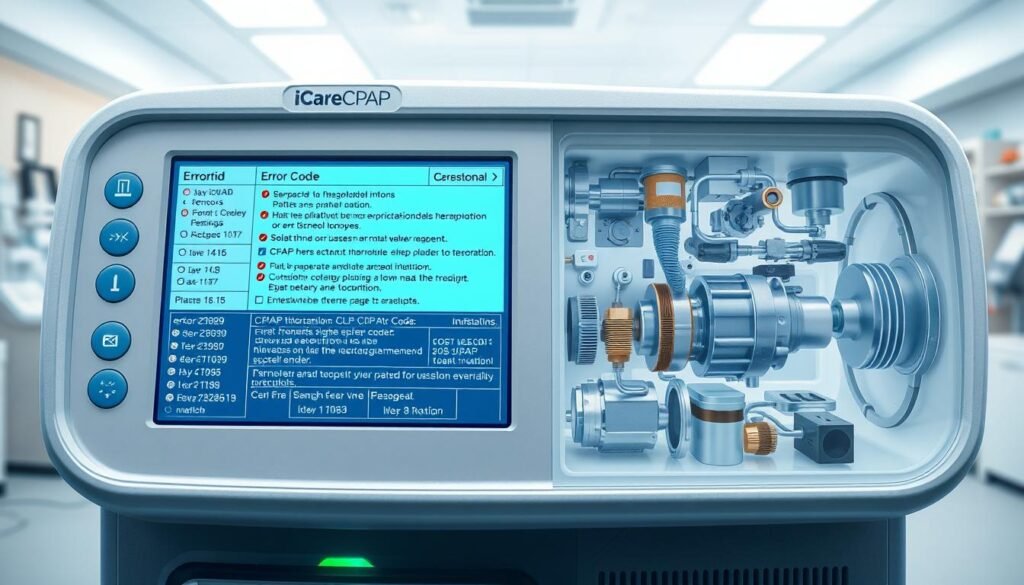 A highly detailed, scientifically accurate illustration of a sleep apnea CPAP machine display panel with various error codes and diagnostic information. The foreground shows the iCareCPAP device interface with a large, legible LCD screen displaying various error codes, diagnostic data, and troubleshooting instructions. The middle ground depicts various mechanical components and sensors of the CPAP machine in cross-section, showcasing its inner workings. The background features a clinical, sterile environment with medical equipment and furnishings, conveying a sense of professionalism and technical expertise. The lighting is bright and even, emphasizing the clarity and precision of the illustration. The overall mood is educational, informative, and designed to assist users in understanding and resolving common CPAP machine malfunctions. A highly detailed, scientifically accurate illustration of a sleep apnea CPAP machine display panel with various error codes and diagnostic information. The foreground shows the iCareCPAP device interface with a large, legible LCD screen displaying various error codes, diagnostic data, and troubleshooting instructions. The middle ground depicts various mechanical components and sensors of the CPAP machine in cross-section, showcasing its inner workings. The background features a clinical, sterile environment with medical equipment and furnishings, conveying a sense of professionalism and technical expertise. The lighting is bright and even, emphasizing the clarity and precision of the illustration. The overall mood is educational, informative, and designed to assist users in understanding and resolving common CPAP machine malfunctions.