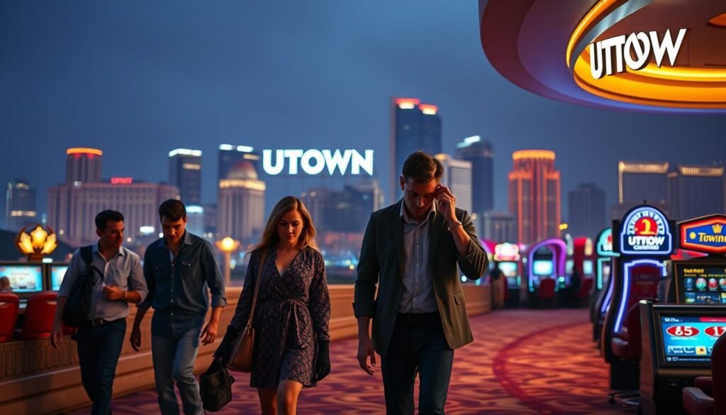 A serene, well-lit city skyline with the UTown brand prominently displayed in the background. In the foreground, a group of individuals navigating through a casino-style environment, cautiously examining their surroundings and making informed decisions to avoid potential scams or fraudulent activities. The scene conveys a sense of caution, awareness, and the importance of being vigilant when engaging with entertainment establishments. The lighting is soft and warm, creating an inviting yet cautious atmosphere. A serene, well-lit city skyline with the UTown brand prominently displayed in the background. In the foreground, a group of individuals navigating through a casino-style environment, cautiously examining their surroundings and making informed decisions to avoid potential scams or fraudulent activities. The scene conveys a sense of caution, awareness, and the importance of being vigilant when engaging with entertainment establishments. The lighting is soft and warm, creating an inviting yet cautious atmosphere.