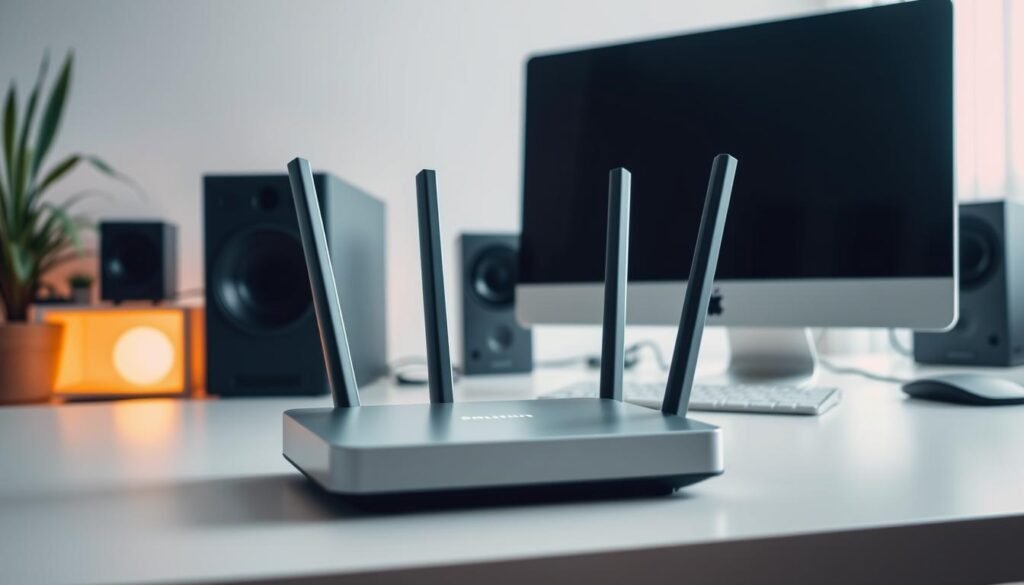 A well-lit home office setup with a desktop computer, monitor, and Telecombrother router prominently displayed. The focus is on the router, showcasing its sleek design and physical connection ports. The scene has a minimalist, modern aesthetic, with clean lines and a neutral color palette. The lighting is soft and diffused, creating a warm and inviting atmosphere. The camera angle provides a slightly elevated perspective, emphasizing the centrality of the router in the home network setup. The overall impression is one of a functional, reliable, and user-friendly home broadband solution. A well-lit home office setup with a desktop computer, monitor, and Telecombrother router prominently displayed. The focus is on the router, showcasing its sleek design and physical connection ports. The scene has a minimalist, modern aesthetic, with clean lines and a neutral color palette. The lighting is soft and diffused, creating a warm and inviting atmosphere. The camera angle provides a slightly elevated perspective, emphasizing the centrality of the router in the home network setup. The overall impression is one of a functional, reliable, and user-friendly home broadband solution.