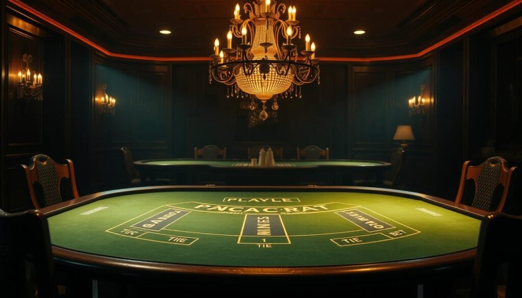 A dimly lit casino table with a green felt surface, illuminated by warm overhead lighting. On the table, the classic baccarat layout is clearly visible, with markings for the player, banker, and tie bets. The table is surrounded by elegant wooden chairs, creating an atmosphere of sophistication. In the background, a opulent, ornate chandelier hangs from the ceiling, casting a soft, ambient glow throughout the scene. The overall impression is one of timeless elegance and the allure of high-stakes gambling, perfectly capturing the essence of the "modern baccarat rules" and their historical evolution.