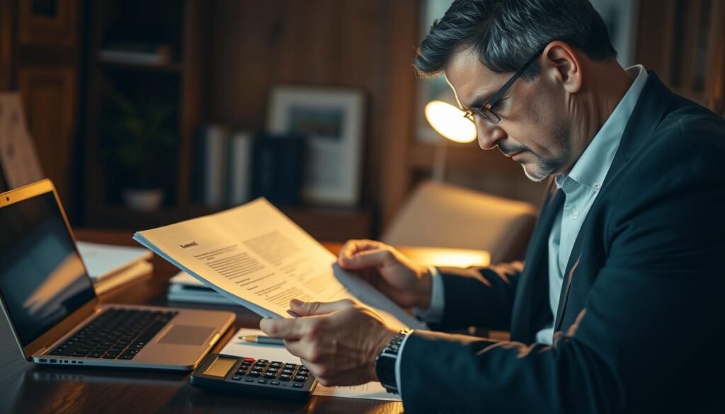 A dimly lit, cozy office setting with a wooden desk, a laptop, and a stack of documents. In the foreground, a middle-aged man in a suit is carefully reviewing a contract, his brow furrowed in concentration. The lighting casts warm, soft shadows, creating an atmosphere of seriousness and professionalism. On the desk, a pen and a calculator suggest the importance of the financial transaction at hand. The background is slightly blurred, hinting at the broader context of the private lending industry. The overall scene conveys the pivotal role of due diligence and contractual agreements in the world of private loans. A dimly lit, cozy office setting with a wooden desk, a laptop, and a stack of documents. In the foreground, a middle-aged man in a suit is carefully reviewing a contract, his brow furrowed in concentration. The lighting casts warm, soft shadows, creating an atmosphere of seriousness and professionalism. On the desk, a pen and a calculator suggest the importance of the financial transaction at hand. The background is slightly blurred, hinting at the broader context of the private lending industry. The overall scene conveys the pivotal role of due diligence and contractual agreements in the world of private loans.