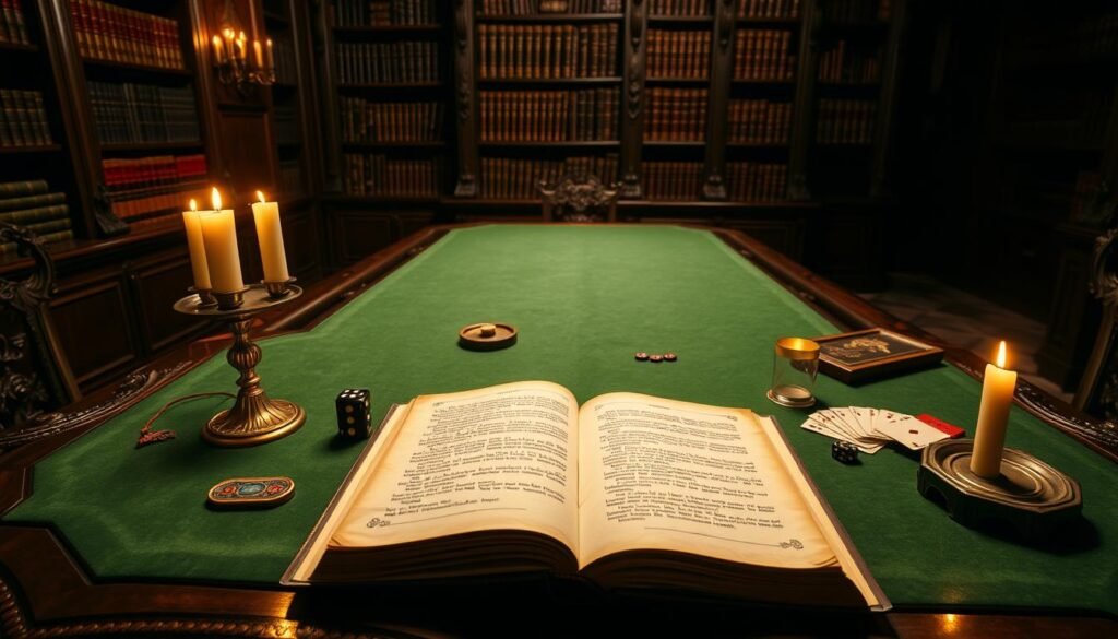 A grand antique table with a green felt surface, illuminated by soft candlelight. On the table, an open book with aged parchment pages detailing the historical evolution of the rules and gameplay of Baccarat. Surrounding the book, vintage gaming tokens, dice, and playing cards, hinting at the game's storied origins. The scene is set against a dimly lit, wood-paneled study, with ornate shelves of leather-bound tomes lining the walls, creating an atmosphere of scholarly contemplation and reverence for the past. The lighting casts dramatic shadows, lending an air of mystery and gravitas to the subject matter.