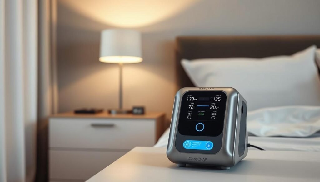 A serene and well-lit bedroom setting, showcasing the safe and proper use of an iCareCPAP sleep apnea machine. In the foreground, the sleek and modern device sits atop a bedside table, its display panel indicating optimal settings. Soft, diffused lighting from a nearby lamp creates a tranquil atmosphere, while the background features a minimalist and calming design, with a neutral-toned wall and a large, comfortable-looking bed. The overall scene conveys the importance of using the iCareCPAP machine safely and effectively, ensuring a good night's sleep and improved respiratory health. A serene and well-lit bedroom setting, showcasing the safe and proper use of an iCareCPAP sleep apnea machine. In the foreground, the sleek and modern device sits atop a bedside table, its display panel indicating optimal settings. Soft, diffused lighting from a nearby lamp creates a tranquil atmosphere, while the background features a minimalist and calming design, with a neutral-toned wall and a large, comfortable-looking bed. The overall scene conveys the importance of using the iCareCPAP machine safely and effectively, ensuring a good night's sleep and improved respiratory health.