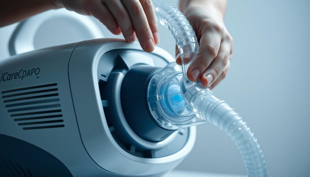 A well-lit close-up shot of a iCareCPAP respiratory machine undergoing a thorough cleaning and maintenance routine. The machine's components, including the air filter, tubing, and mask, are being meticulously wiped down and inspected. The scene conveys a sense of attention to detail and care, with the device's sleek, modern design highlighted against a clean, clinical background. The lighting is soft and diffused, creating a soothing, professional atmosphere. The overall image emphasizes the importance of proper respiratory machine upkeep for safe and effective use. A well-lit close-up shot of a iCareCPAP respiratory machine undergoing a thorough cleaning and maintenance routine. The machine's components, including the air filter, tubing, and mask, are being meticulously wiped down and inspected. The scene conveys a sense of attention to detail and care, with the device's sleek, modern design highlighted against a clean, clinical background. The lighting is soft and diffused, creating a soothing, professional atmosphere. The overall image emphasizes the importance of proper respiratory machine upkeep for safe and effective use.