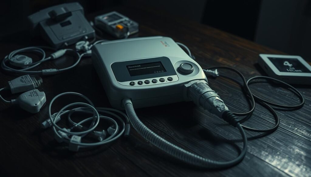 A broken iCareCPAP sleep apnea machine lying on a dark wooden table, with scattered medical equipment and cables around it. The machine's display is blinking and an error message is visible. The lighting is low and moody, casting dramatic shadows. The overall scene conveys a sense of concern and technical malfunction. The camera angle is slightly elevated, providing a detailed view of the damaged device and its surrounding environment. A broken iCareCPAP sleep apnea machine lying on a dark wooden table, with scattered medical equipment and cables around it. The machine's display is blinking and an error message is visible. The lighting is low and moody, casting dramatic shadows. The overall scene conveys a sense of concern and technical malfunction. The camera angle is slightly elevated, providing a detailed view of the damaged device and its surrounding environment.