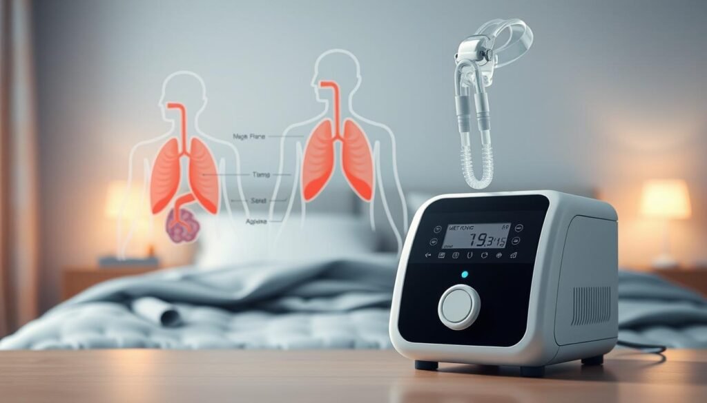 A sleek, modern iCareCPAP sleep apnea machine, prominently displayed in the foreground. The device features a clean, minimalist design with a digital display, intuitive controls, and a comfortable, adjustable mask. In the middle ground, an anatomical diagram illustrates the respiratory system, highlighting the key components affected by sleep apnea. The background depicts a serene, bedroom-like environment, with soft lighting and calming, neutral tones, conveying a sense of rest and relaxation. The overall scene emphasizes the iCareCPAP's role in providing effective, comfortable treatment for sleep apnea, reflecting the informative nature of the article's section on understanding the basic concepts of sleep apnea machines. A sleek, modern iCareCPAP sleep apnea machine, prominently displayed in the foreground. The device features a clean, minimalist design with a digital display, intuitive controls, and a comfortable, adjustable mask. In the middle ground, an anatomical diagram illustrates the respiratory system, highlighting the key components affected by sleep apnea. The background depicts a serene, bedroom-like environment, with soft lighting and calming, neutral tones, conveying a sense of rest and relaxation. The overall scene emphasizes the iCareCPAP's role in providing effective, comfortable treatment for sleep apnea, reflecting the informative nature of the article's section on understanding the basic concepts of sleep apnea machines.
