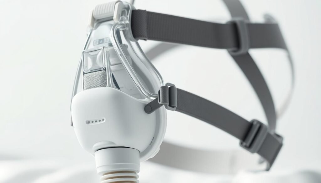 A well-lit, high-resolution close-up image of an iCareCPAP sleep apnea mask. The mask should be shown from various angles, with a focus on the adjustable straps, soft cushioning, and the overall ergonomic design. The mask should appear comfortable and easy to wear, conveying a sense of relaxation and ease of use. The background should be a clean, simple setting that allows the mask to be the central focus. Subtle lighting and a slight depth of field should create a professional, medical-grade aesthetic. The overall image should visually communicate the comfort and convenience of using a high-quality sleep apnea mask for CPAP therapy. A well-lit, high-resolution close-up image of an iCareCPAP sleep apnea mask. The mask should be shown from various angles, with a focus on the adjustable straps, soft cushioning, and the overall ergonomic design. The mask should appear comfortable and easy to wear, conveying a sense of relaxation and ease of use. The background should be a clean, simple setting that allows the mask to be the central focus. Subtle lighting and a slight depth of field should create a professional, medical-grade aesthetic. The overall image should visually communicate the comfort and convenience of using a high-quality sleep apnea mask for CPAP therapy.