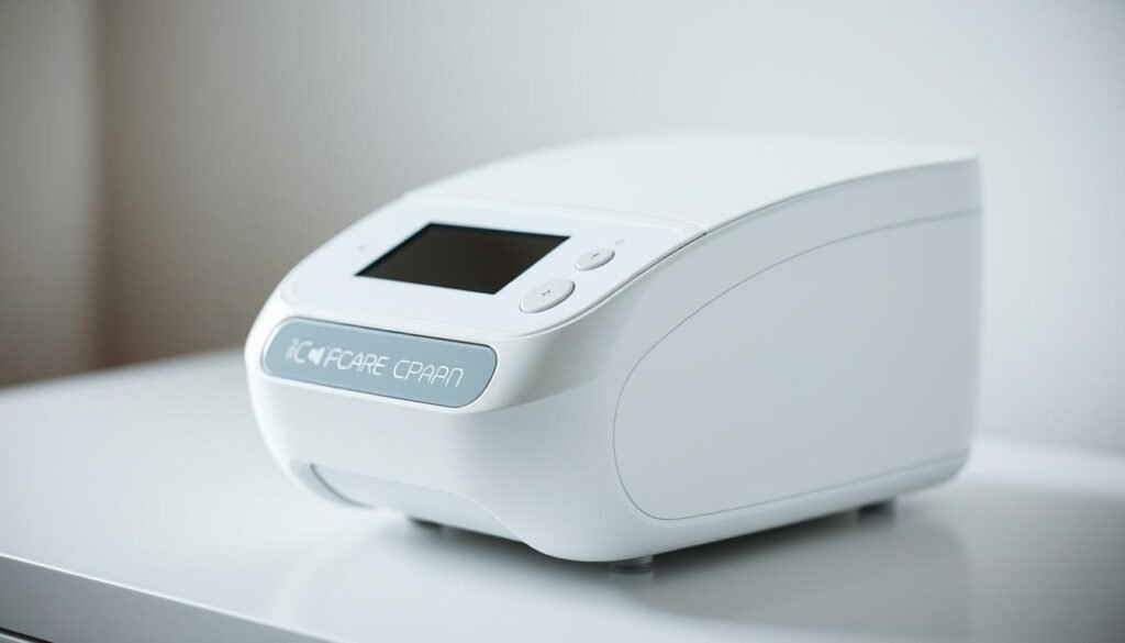 Detailed close-up of a modern iCareCPAP sleep apnea CPAP machine device. The machine has a sleek, minimalist design with smooth lines and a white matte finish. It is situated on a clean, uncluttered surface, with gentle side lighting illuminating the device from the left. The machine's control panel is clearly visible, showcasing its intuitive user interface and various settings. The overall scene conveys a sense of simplicity, functionality, and technological sophistication, highlighting the machine's role in improving sleep quality and respiratory health. Detailed close-up of a modern iCareCPAP sleep apnea CPAP machine device. The machine has a sleek, minimalist design with smooth lines and a white matte finish. It is situated on a clean, uncluttered surface, with gentle side lighting illuminating the device from the left. The machine's control panel is clearly visible, showcasing its intuitive user interface and various settings. The overall scene conveys a sense of simplicity, functionality, and technological sophistication, highlighting the machine's role in improving sleep quality and respiratory health.
