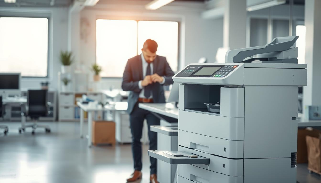 A clean and modern office environment focusing on a well-maintained photocopier in the foreground. The photocopier, sleek and high-tech, is surrounded by essential maintenance tools like toner cartridges and cleaning supplies. In the middle ground, a professional-looking technician in business attire is inspecting the machine, demonstrating the importance of regular maintenance. The background reveals a bright, organized office space with soft natural light filtering through large windows, casting a warm glow. The atmosphere conveys a sense of efficiency and reliability, highlighting the critical role of photocopier upkeep in workplace stability. The image should primarily feature the technician and the photocopier, focusing on their interaction, with a shallow depth of field to emphasize the subject.