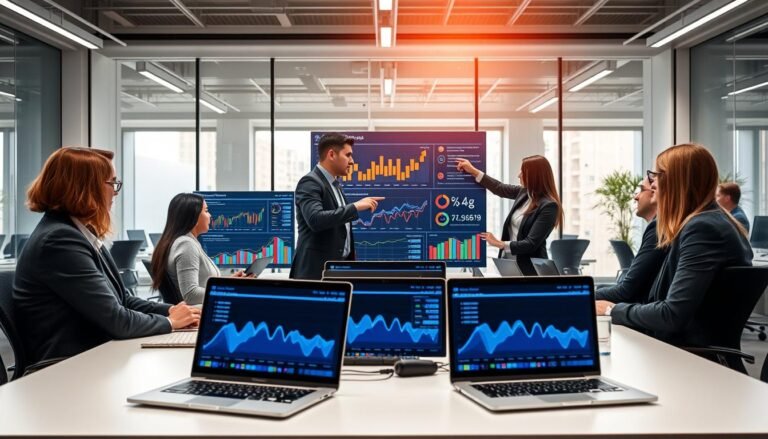 A modern office environment as the backdrop, featuring sleek desks and high-tech digital displays showcasing line lap advertising strategies by Water Mercury Digital Technology. In the foreground, a diverse group of professionals in business attire is engaged in a brainstorming session, with laptops open and vibrant graphs displayed on screens, illustrating high-intent traffic flow strategies. The middle ground emphasizes collaboration, with team members analyzing data on a large touchscreen, strategically pointing to key metrics. Soft, natural lighting illuminates the scene, creating a vibrant, productive atmosphere, capturing the innovative spirit of digital marketing. The image should evoke a sense of forward-thinking and professionalism, reflecting the importance of effective advertising strategies without any text or logos.
