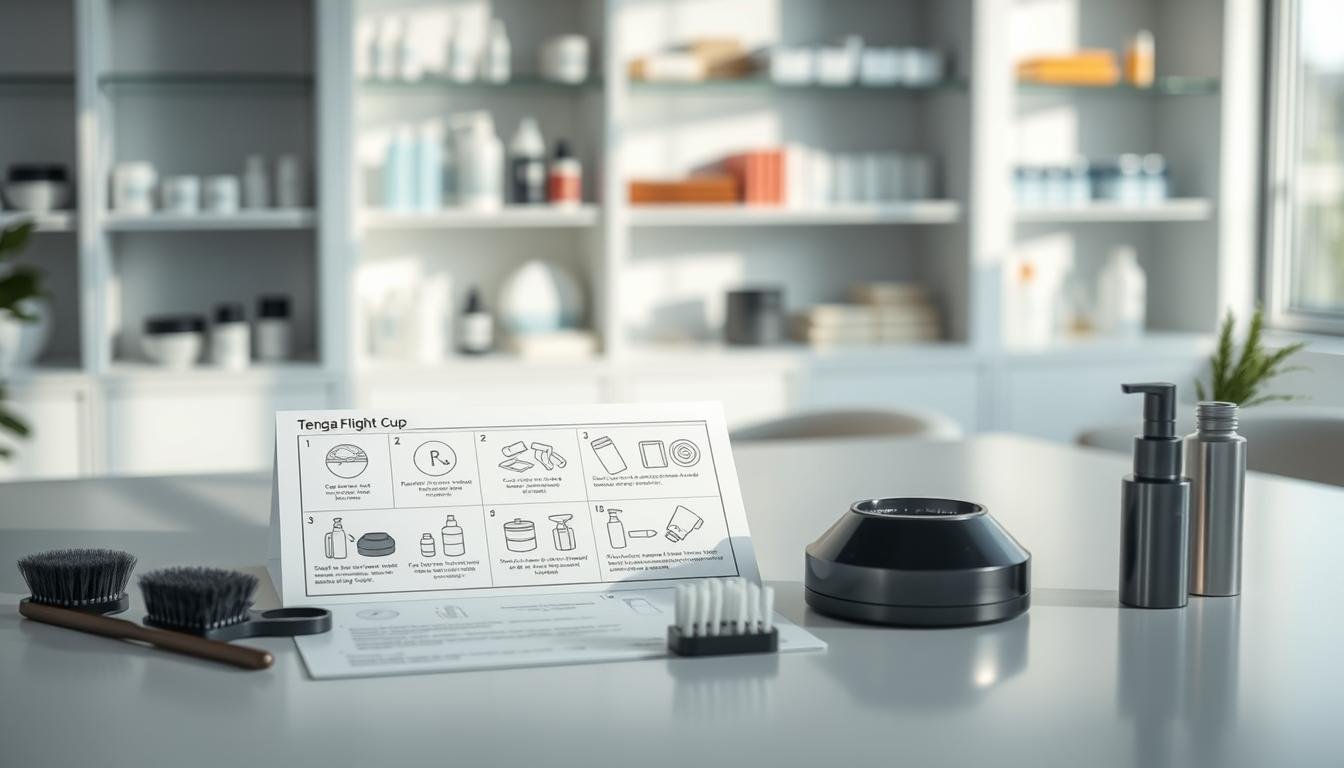 A stylish and informative instruction setting featuring a neatly organized Tenga Flight Cup maintenance guide. In the foreground, prominently display a Tenga Flight Cup in a well-lit area with a clean, modern table surface. Next to it, an assortment of maintenance tools like gentle cleaning brushes and specific lubricant types arranged for easy reference. In the middle ground, a set of detailed step-by-step illustrated instructions can be shown, utilizing minimalistic icons and diagrams that depict care processes. The background should consist of soft-focus shelves filled with personal care products, bathed in natural light to evoke a sense of cleanliness and professionalism. The overall mood should be calm and educational, emphasizing the importance of product care and longevity without any text or distractions.