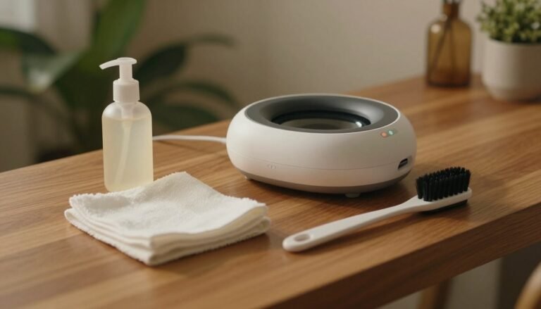 A clean and organized workspace showcasing the care and maintenance of a personal wellness device. In the foreground, a neatly arranged set of cleaning supplies, including a soft cloth, gentle soap, and a small brush, are placed next to the device itself, demonstrating proper cleaning methods. In the middle, the device is displayed on a wooden countertop, reflecting soft warm lighting that creates a cozy and inviting atmosphere. The background features soft-focus greenery and decorative elements that enhance the intimate and serene mood. The overall composition has a cinematic vibe with a warm color palette, shot from a slight overhead angle in a 4:3 aspect ratio, emphasizing the importance of cleanliness and care in personal wellness.