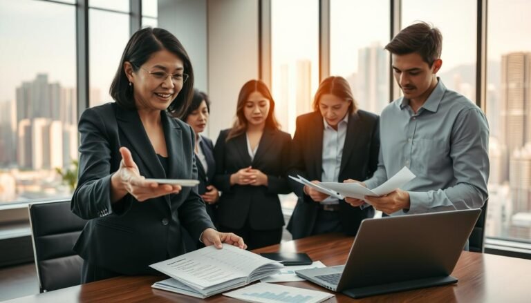 A professional office setting depicting a group of diverse business professionals discussing audit services. In the foreground, a middle-aged Asian woman in a smart business suit gestures towards a notepad filled with audit-related questions, while a young Caucasian man in a crisp shirt takes notes attentively. In the middle ground, a conference table is adorned with documents, a laptop, and a calculator showing financial graphs. The background features a modern office with large windows and a cityscape view of Hong Kong, bathed in warm afternoon light. The atmosphere is collaborative and focused, conveying a sense of professionalism and expertise in audit solutions.