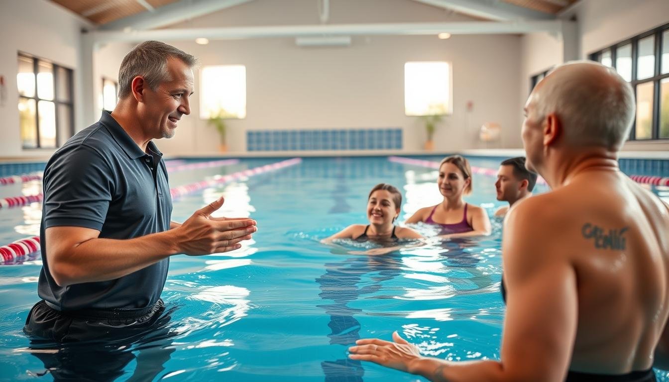 A professional swimming coach interacts with a group of adult learners in a modern indoor swimming pool. In the foreground, the coach, dressed in a smart polo shirt and swim shorts, demonstrates a swimming technique while offering encouraging feedback. The learners, wearing modest swim attire, are positioned in the water, practicing the technique with focused expressions. In the middle ground, the pool is well-lit, showcasing clear blue water and tiles gleaming under the bright overhead lights. The atmosphere feels energetic and supportive, highlighting a sense of camaraderie. In the background, there are large windows with sunlight streaming in, creating a warm and inviting space. The angle captures the interaction from a slightly elevated viewpoint, emphasizing the dynamic between the coach and the learners.