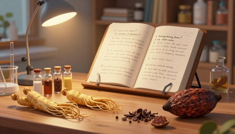 A scientific illustration depicting the definition and components of aphrodisiacs and sexual enhancement products. In the foreground, a beautifully arranged assortment of natural ingredients like ginseng, maca root, and cacao, presented on a wooden table, with delicate glass vials containing herbal extracts. The middle ground features a lab setting with a warm light illuminating an open notebook filled with handwritten notes on the effects and chemical properties of these substances. In the background, softly blurred shelves of books related to herbal medicine and chemistry create a cozy and intimate atmosphere. The overall mood is professional yet inviting, with warm lighting enhancing the cinematic vibe, framed in a 4:3 aspect ratio.