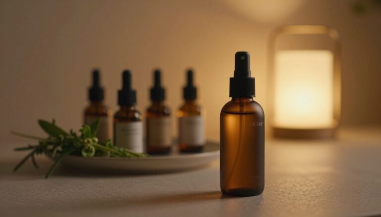 A serene and cozy setting showcasing a sleek, modern bottle of delay spray placed prominently in the foreground on a softly textured surface. The bottle should reflect an elegant design with a matte finish. In the middle ground, a tasteful arrangement of premium ingredients, such as herbs or essential oils, can be creatively displayed to indicate the natural composition of the spray. The background should softly blur to reveal a warmly lit environment, reminiscent of a romantic evening—a softly glowing lamp with a gentle light casting a golden hue, suggesting intimacy. The overall mood should evoke warmth and comfort, with a cinematic vibe, and the entire scene framed in a 4:3 aspect ratio.