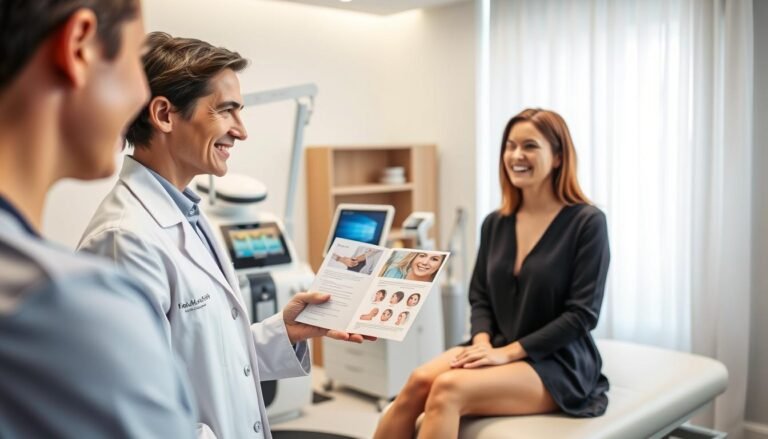 A modern dermatology clinic setting focused on a Pico laser treatment consultation. In the foreground, a friendly dermatologist in professional attire is discussing a treatment plan with a patient, who is sitting on an examination table, appearing engaged and attentive. The dermatologist is displaying a treatment brochure, highlighting the Pico laser technology. In the middle ground, medical equipment and a treatment machine are organized neatly, with a bright, sterile environment. The background features a well-lit room with soft, natural light filtering through a window, creating a calm and reassuring atmosphere. The overall mood is professional yet inviting, emphasizing the importance of preparation and consultation in the Pico laser treatment process.