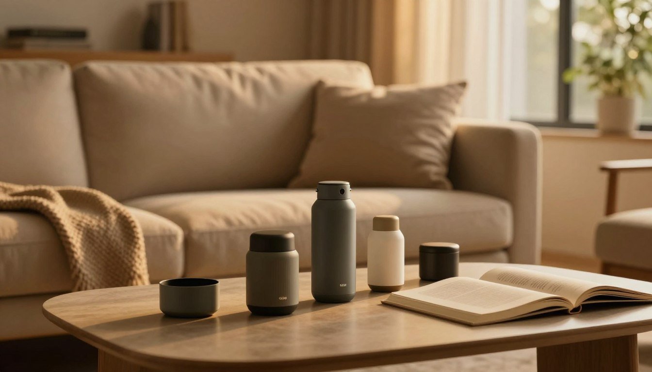 A serene, cozy interior space, warmly lit with soft golden tones, creating an intimate atmosphere. In the foreground, a tasteful arrangement of various high-quality, sleek personal exploration items placed elegantly on a modern coffee table. A partially open book lies beside them, suggesting personal reflection. In the middle ground, a comfortable sofa adorned with plush cushions invites relaxation, while a gentle throw adds a touch of warmth. In the background, subtle hints of nature are visible through large windows, such as greenery or soft curtains swaying slightly, enhancing the tranquility of the scene. The overall mood is inviting and reflective, perfect for encouraging personal exploration in a safe and comfortable setting. The image is framed in a 4:3 aspect ratio for a balanced composition.